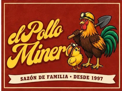 Logo horizontal de El Pollo Minero con gallo y pollito