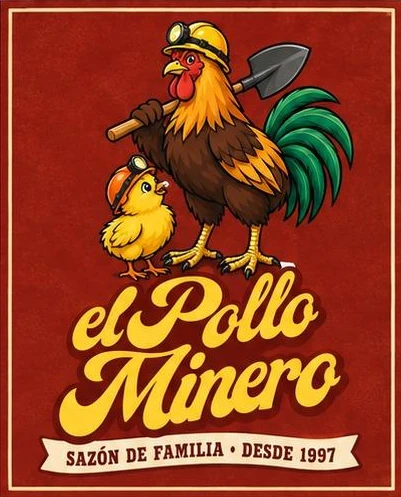 Logo original de El Pollo Minero: gallo minero, pollito y el lema Sazón de familia desde 1997